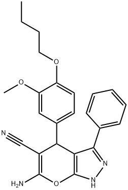 6-amino-4-(4-butoxy-3-methoxyphenyl)-3-phenyl-2,4-dihydropyrano[2,3-c]pyrazole-5-carbonitrile Struktur