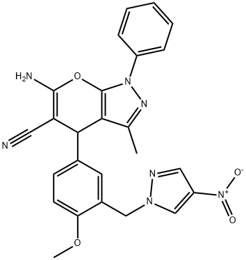 6-amino-4-[3-({4-nitro-1H-pyrazol-1-yl}methyl)-4-methoxyphenyl]-3-methyl-1-phenyl-1,4-dihydropyrano[2,3-c]pyrazole-5-carbonitrile Struktur