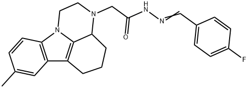 N'-(4-fluorobenzylidene)-2-(8-methyl-1,2,3a,4,5,6-hexahydro-3H-pyrazino[3,2,1-jk]carbazol-3-yl)acetohydrazide Struktur