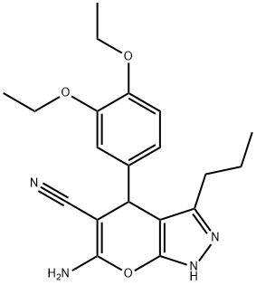 6-amino-4-(3,4-diethoxyphenyl)-3-propyl-1,4-dihydropyrano[2,3-c]pyrazole-5-carbonitrile Struktur