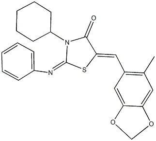 3-cyclohexyl-5-[(6-methyl-1,3-benzodioxol-5-yl)methylene]-2-(phenylimino)-1,3-thiazolidin-4-one Struktur