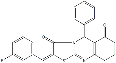 2-(3-fluorobenzylidene)-5-phenyl-8,9-dihydro-5H-[1,3]thiazolo[2,3-b]quinazoline-3,6(2H,7H)-dione Struktur