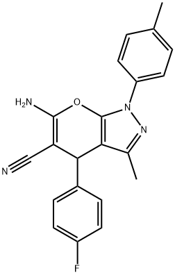 6-amino-4-(4-fluorophenyl)-3-methyl-1-(4-methylphenyl)-1,4-dihydropyrano[2,3-c]pyrazole-5-carbonitrile Struktur