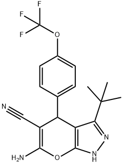 6-amino-3-(1,1-dimethylethyl)-4-{4-[(trifluoromethyl)oxy]phenyl}-1,4-dihydropyrano[2,3-c]pyrazole-5-carbonitrile Struktur