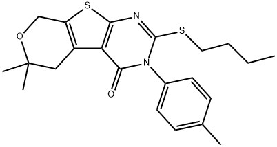 2-(butylsulfanyl)-6,6-dimethyl-3-(4-methylphenyl)-3,5,6,8-tetrahydro-4H-pyrano[4',3':4,5]thieno[2,3-d]pyrimidin-4-one Struktur