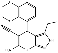 6-amino-4-[2,3-bis(methyloxy)phenyl]-3-ethyl-2,4-dihydropyrano[2,3-c]pyrazole-5-carbonitrile Struktur