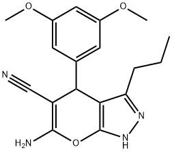 6-amino-4-(3,5-dimethoxyphenyl)-3-propyl-1,4-dihydropyrano[2,3-c]pyrazole-5-carbonitrile Struktur