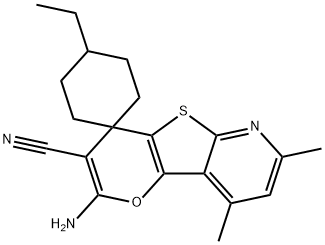 2-amino-3-cyano-7,9-dimethyl-1'-ethyl-4H-pyrano[2',3':4,5]thieno[2,3-b]pyridine-4-spiro-4'-cyclohexane Struktur