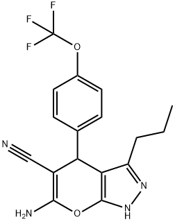 6-amino-3-propyl-4-{4-[(trifluoromethyl)oxy]phenyl}-1,4-dihydropyrano[2,3-c]pyrazole-5-carbonitrile Struktur