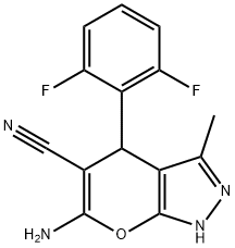 6-amino-4-(2,6-difluorophenyl)-3-methyl-2,4-dihydropyrano[2,3-c]pyrazole-5-carbonitrile Struktur