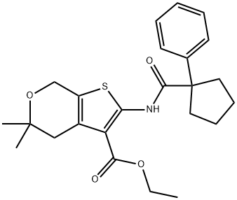 ethyl 5,5-dimethyl-2-{[(1-phenylcyclopentyl)carbonyl]amino}-4,7-dihydro-5H-thieno[2,3-c]pyran-3-carboxylate Struktur