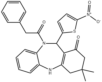 11-{5-nitro-2-thienyl}-3,3-dimethyl-10-(phenylacetyl)-2,3,4,5,10,11-hexahydro-1H-dibenzo[b,e][1,4]diazepin-1-one Struktur