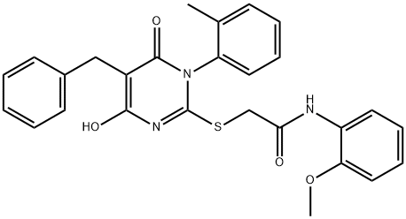 2-{[5-benzyl-4-hydroxy-1-(2-methylphenyl)-6-oxo-1,6-dihydro-2-pyrimidinyl]sulfanyl}-N-(2-methoxyphenyl)acetamide Struktur