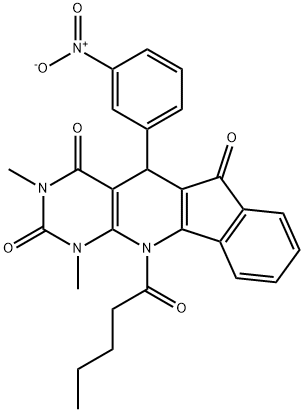 5-{3-nitrophenyl}-1,3-dimethyl-11-pentanoyl-5,11-dihydro-1H-indeno[2',1':5,6]pyrido[2,3-d]pyrimidine-2,4,6(3H)-trione Struktur