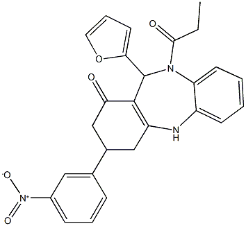 11-(2-furyl)-3-{3-nitrophenyl}-10-propionyl-2,3,4,5,10,11-hexahydro-1H-dibenzo[b,e][1,4]diazepin-1-one Struktur