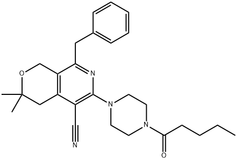 8-benzyl-3,3-dimethyl-6-(4-pentanoyl-1-piperazinyl)-3,4-dihydro-1H-pyrano[3,4-c]pyridine-5-carbonitrile Struktur