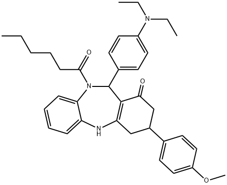 11-[4-(diethylamino)phenyl]-10-hexanoyl-3-(4-methoxyphenyl)-2,3,4,5,10,11-hexahydro-1H-dibenzo[b,e][1,4]diazepin-1-one Struktur