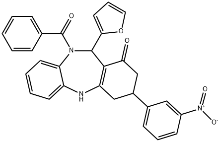 10-benzoyl-11-(2-furyl)-3-{3-nitrophenyl}-2,3,4,5,10,11-hexahydro-1H-dibenzo[b,e][1,4]diazepin-1-one Struktur