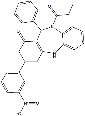 3-{3-nitrophenyl}-11-phenyl-10-propionyl-2,3,4,5,10,11-hexahydro-1H-dibenzo[b,e][1,4]diazepin-1-one Struktur