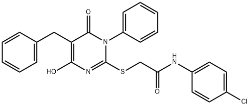 2-[(5-benzyl-4-hydroxy-6-oxo-1-phenyl-1,6-dihydro-2-pyrimidinyl)sulfanyl]-N-(4-chlorophenyl)acetamide Struktur