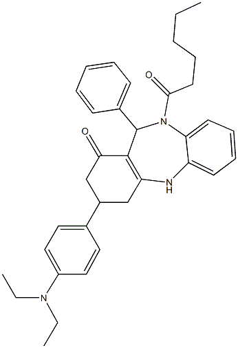 3-[4-(diethylamino)phenyl]-10-hexanoyl-11-phenyl-2,3,4,5,10,11-hexahydro-1H-dibenzo[b,e][1,4]diazepin-1-one Struktur