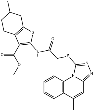 methyl 6-methyl-2-({[(5-methyl[1,2,4]triazolo[4,3-a]quinolin-1-yl)sulfanyl]acetyl}amino)-4,5,6,7-tetrahydro-1-benzothiophene-3-carboxylate Struktur