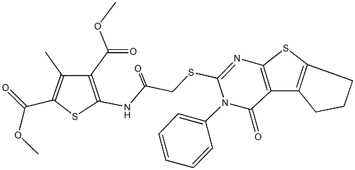 dimethyl 3-methyl-5-({[(4-oxo-3-phenyl-3,5,6,7-tetrahydro-4H-cyclopenta[4,5]thieno[2,3-d]pyrimidin-2-yl)sulfanyl]acetyl}amino)-2,4-thiophenedicarboxylate Struktur