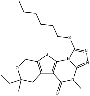 7-ethyl-1-(hexylsulfanyl)-4,7-dimethyl-6,9-dihydro-7H-pyrano[4',3':4,5]thieno[3,2-e][1,2,4]triazolo[4,3-a]pyrimidin-5(4H)-one Struktur