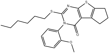 2-(hexylsulfanyl)-3-(2-methoxyphenyl)-3,5,6,7-tetrahydro-4H-cyclopenta[4,5]thieno[2,3-d]pyrimidin-4-one Struktur