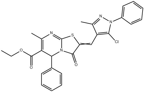 ethyl 2-[(5-chloro-3-methyl-1-phenyl-1H-pyrazol-4-yl)methylene]-7-methyl-3-oxo-5-phenyl-2,3-dihydro-5H-[1,3]thiazolo[3,2-a]pyrimidine-6-carboxylate Struktur