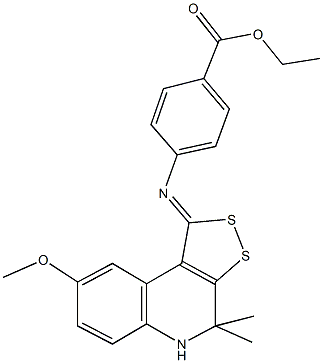 ethyl 4-[(8-methoxy-4,4-dimethyl-4,5-dihydro-1H-[1,2]dithiolo[3,4-c]quinolin-1-ylidene)amino]benzoate Struktur