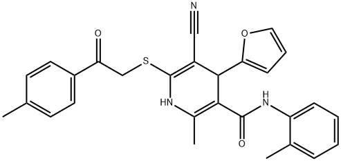 5-cyano-4-(2-furyl)-2-methyl-N-(2-methylphenyl)-6-{[2-(4-methylphenyl)-2-oxoethyl]sulfanyl}-1,4-dihydro-3-pyridinecarboxamide Struktur