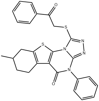 8-methyl-1-[(2-oxo-2-phenylethyl)sulfanyl]-4-phenyl-6,7,8,9-tetrahydro[1]benzothieno[3,2-e][1,2,4]triazolo[4,3-a]pyrimidin-5(4H)-one Struktur