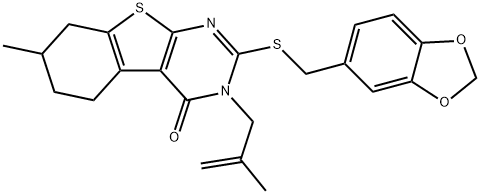 2-[(1,3-benzodioxol-5-ylmethyl)sulfanyl]-7-methyl-3-(2-methyl-2-propenyl)-5,6,7,8-tetrahydro[1]benzothieno[2,3-d]pyrimidin-4(3H)-one Struktur