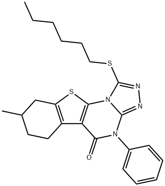 1-(hexylsulfanyl)-8-methyl-4-phenyl-6,7,8,9-tetrahydro[1]benzothieno[3,2-e][1,2,4]triazolo[4,3-a]pyrimidin-5(4H)-one Struktur