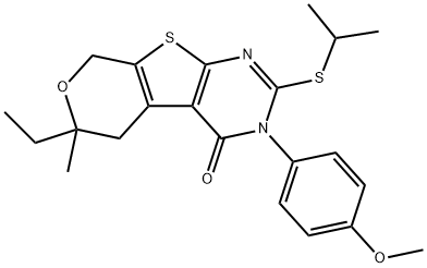 6-ethyl-2-(isopropylsulfanyl)-3-(4-methoxyphenyl)-6-methyl-3,5,6,8-tetrahydro-4H-pyrano[4',3':4,5]thieno[2,3-d]pyrimidin-4-one Struktur