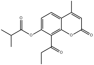 4-methyl-2-oxo-8-propionyl-2H-chromen-7-yl 2-methylpropanoate Struktur