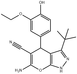 6-amino-3-tert-butyl-4-(3-ethoxy-4-hydroxyphenyl)-1,4-dihydropyrano[2,3-c]pyrazole-5-carbonitrile Struktur