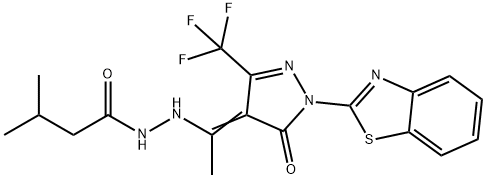 N'-{1-[1-(1,3-benzothiazol-2-yl)-5-oxo-3-(trifluoromethyl)-1,5-dihydro-4H-pyrazol-4-ylidene]ethyl}-3-methylbutanohydrazide Struktur