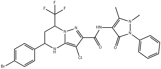 5-(4-bromophenyl)-3-chloro-N-(1,5-dimethyl-3-oxo-2-phenyl-2,3-dihydro-1H-pyrazol-4-yl)-7-(trifluoromethyl)-4,5,6,7-tetrahydropyrazolo[1,5-a]pyrimidine-2-carboxamide Struktur