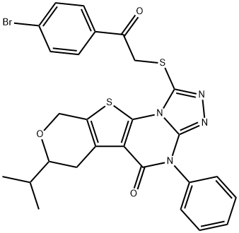 1-{[2-(4-bromophenyl)-2-oxoethyl]sulfanyl}-7-isopropyl-4-phenyl-6,9-dihydro-7H-pyrano[4',3':4,5]thieno[3,2-e][1,2,4]triazolo[4,3-a]pyrimidin-5(4H)-one Struktur