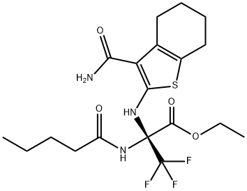 ethyl 2-{[3-(aminocarbonyl)-4,5,6,7-tetrahydro-1-benzothien-2-yl]amino}-3,3,3-trifluoro-2-(pentanoylamino)propanoate Struktur