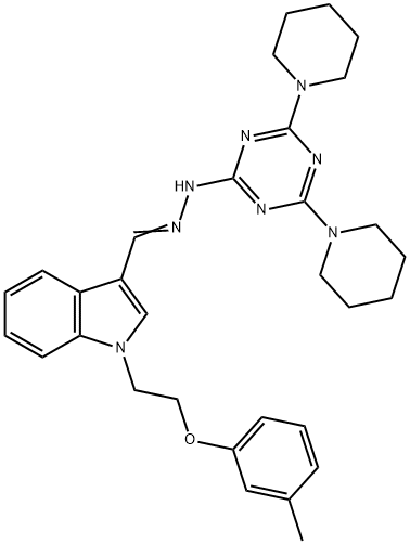 1-[2-(3-methylphenoxy)ethyl]-1H-indole-3-carbaldehyde (4,6-dipiperidin-1-yl-1,3,5-triazin-2-yl)hydrazone Struktur