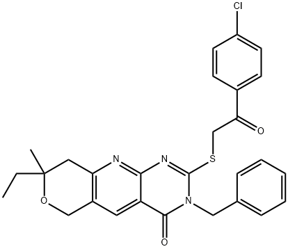 3-benzyl-2-{[2-(4-chlorophenyl)-2-oxoethyl]sulfanyl}-8-ethyl-8-methyl-3,6,8,9-tetrahydro-4H-pyrano[3',4':5,6]pyrido[2,3-d]pyrimidin-4-one Struktur