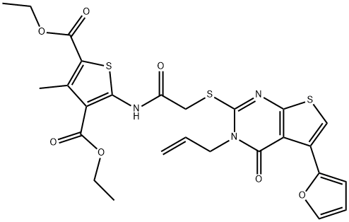 diethyl 5-[({[3-allyl-5-(2-furyl)-4-oxo-3,4-dihydrothieno[2,3-d]pyrimidin-2-yl]sulfanyl}acetyl)amino]-3-methyl-2,4-thiophenedicarboxylate Struktur