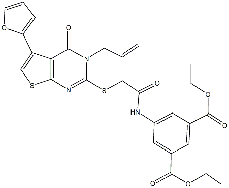 diethyl 5-[({[3-allyl-5-(2-furyl)-4-oxo-3,4-dihydrothieno[2,3-d]pyrimidin-2-yl]sulfanyl}acetyl)amino]isophthalate Struktur