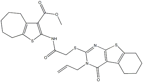 methyl 2-({[(3-allyl-4-oxo-3,4,5,6,7,8-hexahydro[1]benzothieno[2,3-d]pyrimidin-2-yl)sulfanyl]acetyl}amino)-5,6,7,8-tetrahydro-4H-cyclohepta[b]thiophene-3-carboxylate Struktur