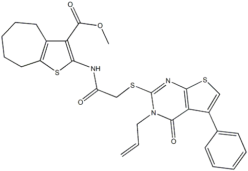 methyl 2-({[(3-allyl-4-oxo-5-phenyl-3,4-dihydrothieno[2,3-d]pyrimidin-2-yl)sulfanyl]acetyl}amino)-5,6,7,8-tetrahydro-4H-cyclohepta[b]thiophene-3-carboxylate Struktur