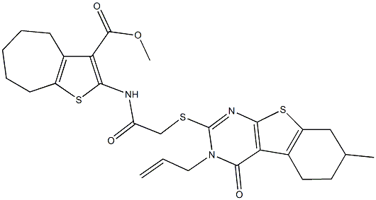 methyl 2-({[(3-allyl-7-methyl-4-oxo-3,4,5,6,7,8-hexahydro[1]benzothieno[2,3-d]pyrimidin-2-yl)sulfanyl]acetyl}amino)-5,6,7,8-tetrahydro-4H-cyclohepta[b]thiophene-3-carboxylate Struktur