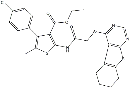 ethyl 4-(4-chlorophenyl)-5-methyl-2-{[(5,6,7,8-tetrahydro[1]benzothieno[2,3-d]pyrimidin-4-ylsulfanyl)acetyl]amino}-3-thiophenecarboxylate Struktur